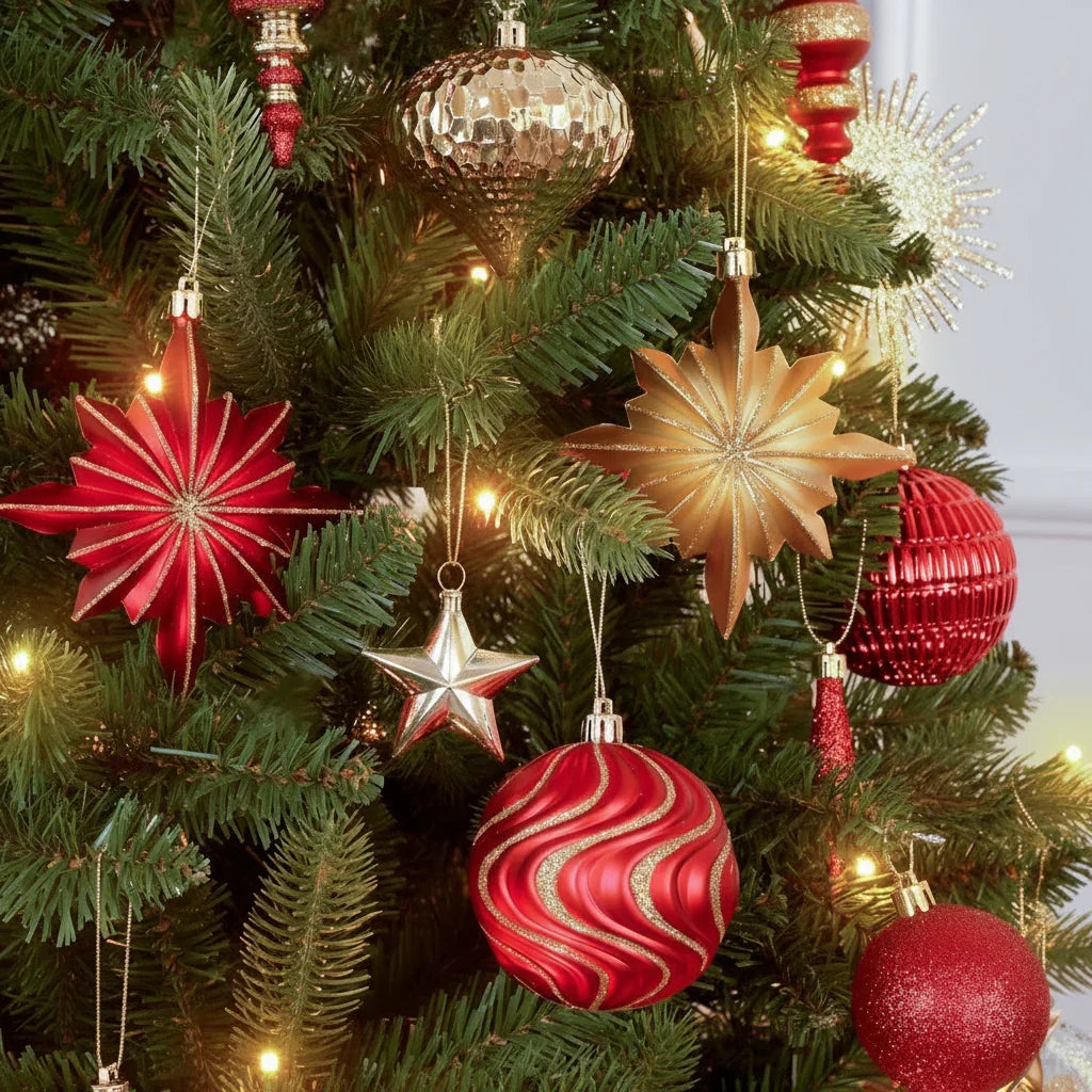 80pcs Christmas Ornaments Set, Shatterproof Heavy-Duty Plastic Decorations with Hanging Strings, for Xmas Tree Wreaths Weddings Parties, Large Red & Golden Spherical Shapes Golden Star, Indoor/Outdoor & Pets House Of Avana