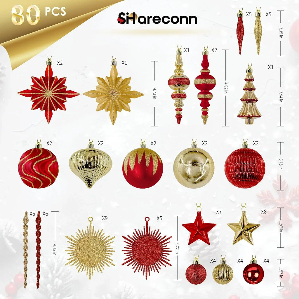 80pcs Christmas Ornaments Set, Shatterproof Heavy-Duty Plastic Decorations with Hanging Strings, for Xmas Tree Wreaths Weddings Parties, Large Red & Golden Spherical Shapes Golden Star, Indoor/Outdoor & Pets House Of Avana