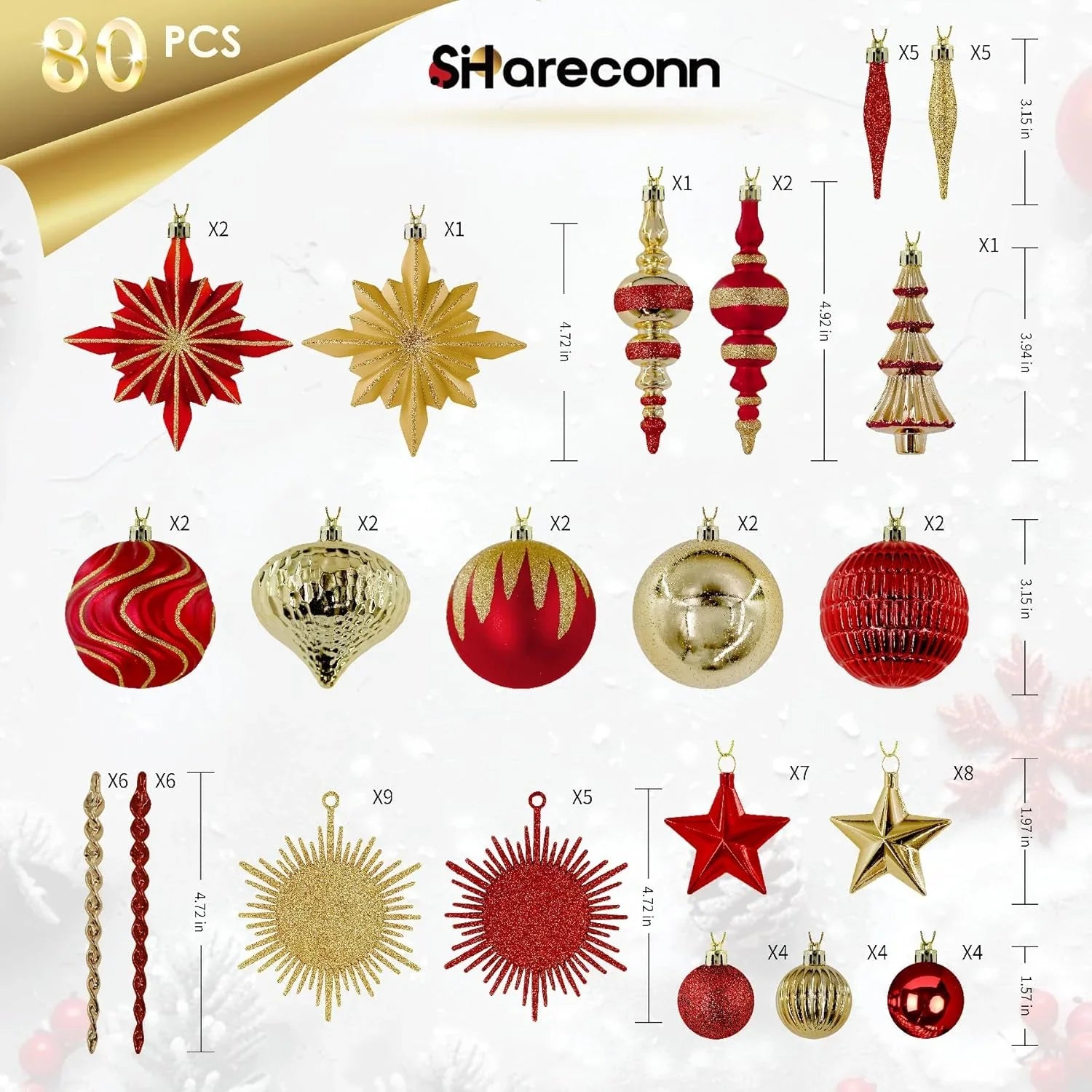 80pcs Christmas Ornaments Set, Shatterproof Heavy-Duty Plastic Decorations with Hanging Strings, for Xmas Tree Wreaths Weddings Parties, Large Red & Golden Spherical Shapes Golden Star, Indoor/Outdoor & Pets House Of Avana