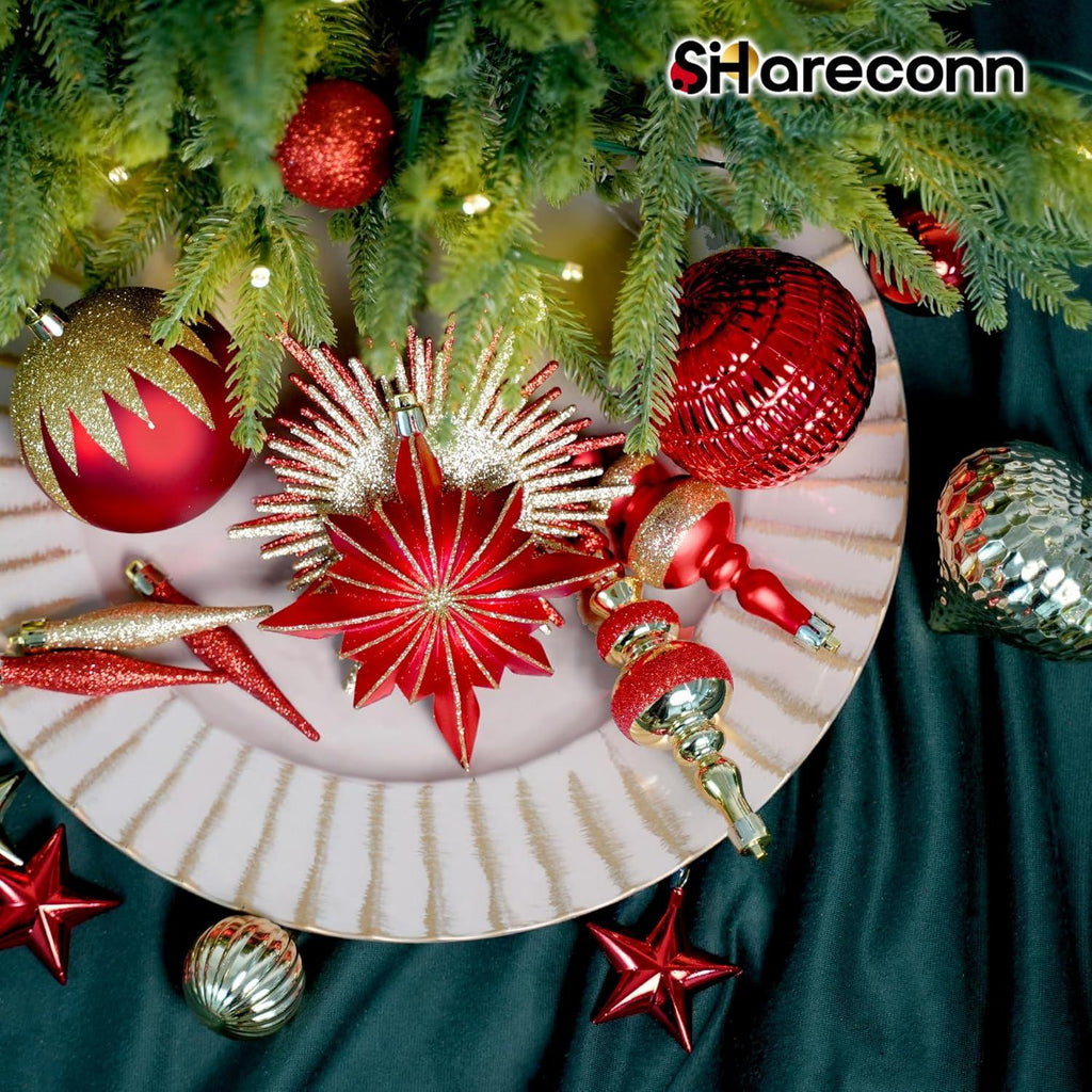 80pcs Christmas Ornaments Set, Shatterproof Heavy-Duty Plastic Decorations with Hanging Strings, for Xmas Tree Wreaths Weddings Parties, Large Red & Golden Spherical Shapes Golden Star, Indoor/Outdoor & Pets House Of Avana