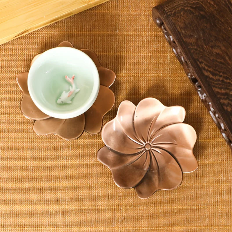 1pc Elegant Cherry Blossom Coaster with Holder - Red Copper-Toned Metal, Heat-Resistant, Non-Slip - Perfect for Home Decor & Gifts, Ideal for Christmas, Halloween, Easter, Thanksgiving, Hanukkah, Best for Christma