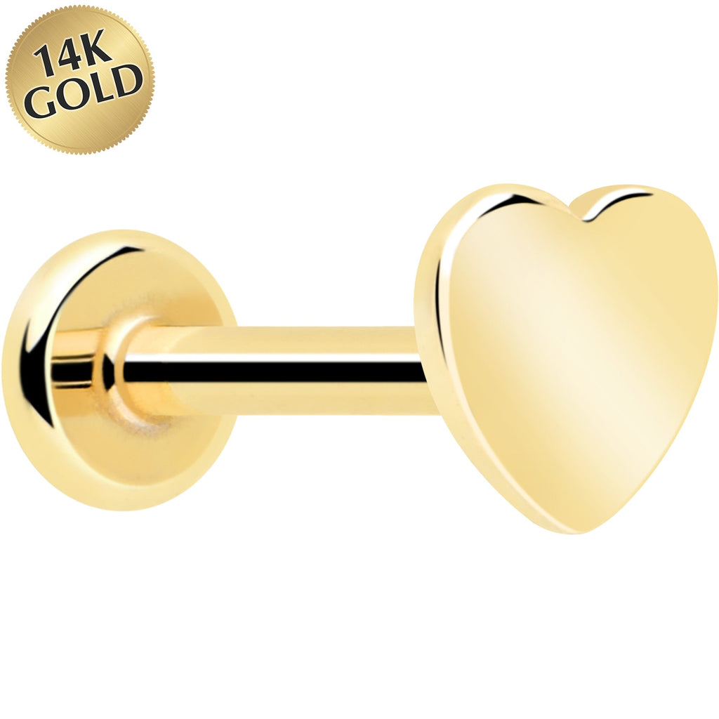 14k Solid Yellow Gold 3mm Heart Threadless Push In Flat Back Stud