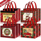 8/16pcs Festive Christmas Gift Bags with Handles - Foldable, Multi-Use Woven Fabric Totes for Gift Packaging, Shopping, and Party Supplies, Red & White Plaid Design, Perfect for Holiday Presents, Gift Bags for Gifts, Gift Pac House Of Avana