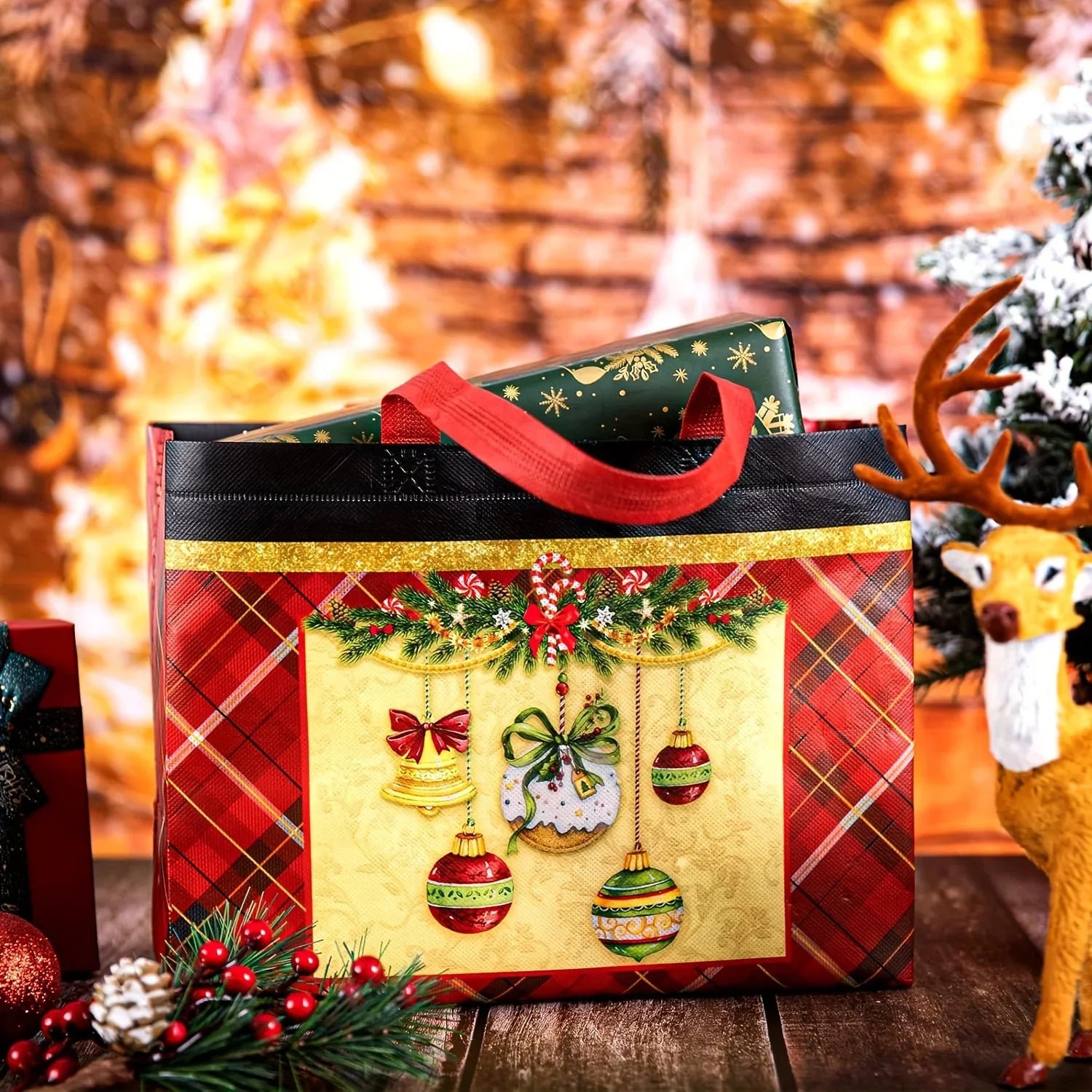 8/16pcs Festive Christmas Gift Bags with Handles - Foldable, Multi-Use Woven Fabric Totes for Gift Packaging, Shopping, and Party Supplies, Red & White Plaid Design, Perfect for Holiday Presents, Gift Bags for Gifts, Gift Pac House Of Avana