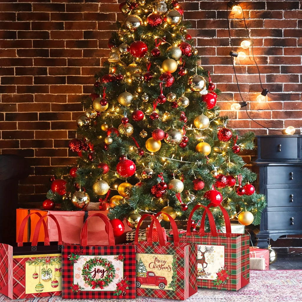 8/16pcs Festive Christmas Gift Bags with Handles - Foldable, Multi-Use Woven Fabric Totes for Gift Packaging, Shopping, and Party Supplies, Red & White Plaid Design, Perfect for Holiday Presents, Gift Bags for Gifts, Gift Pac House Of Avana