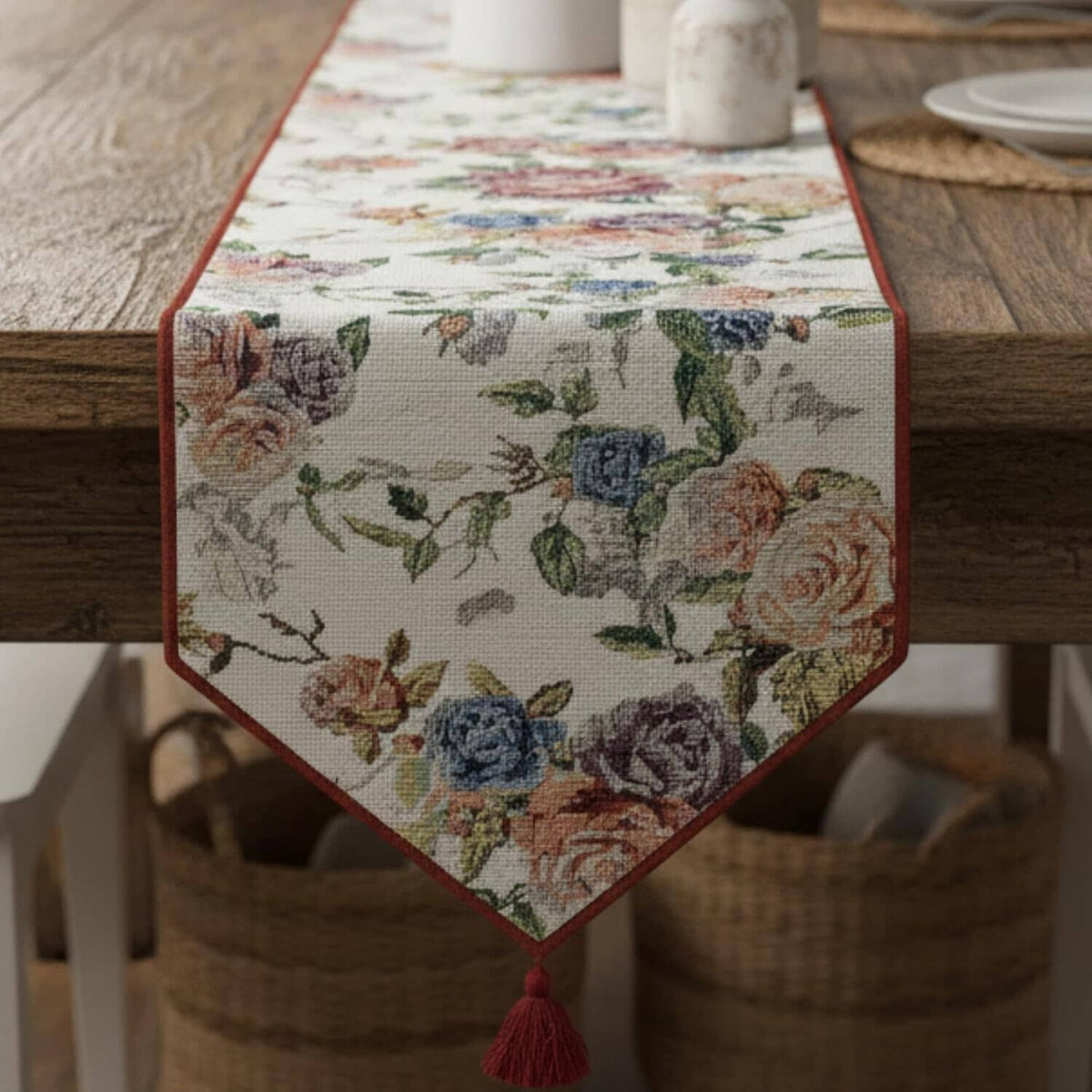 DaDa Bedding Vintage Romantic Roses Lovely Pink Floral Woven Tapestry Dining Table Runner (879)