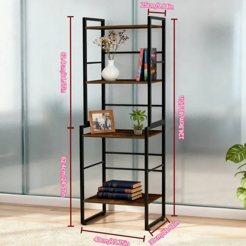 Four-Tier Industrial Style Metal Frame Bookshelf | Vintage Luxury Villa-Style Bookcase Suitable for Living Room, Study or Home Office