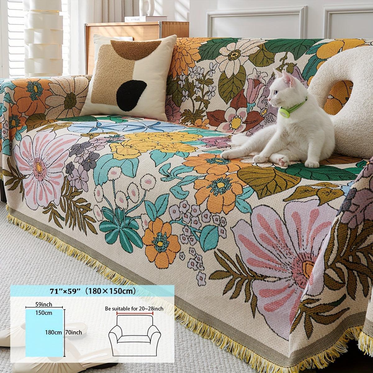 Linen Sofa Cover | Floral Tassel Throw, Pet-Friendly & Non-Slip topspet