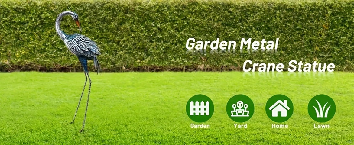 1pc Rustic Metal Garden Crane Statue Outdoor Decor, Standing Heron Sculpture Lawn Ornaments, Blue Bird Lake Yard Backyard Patio House of Avana