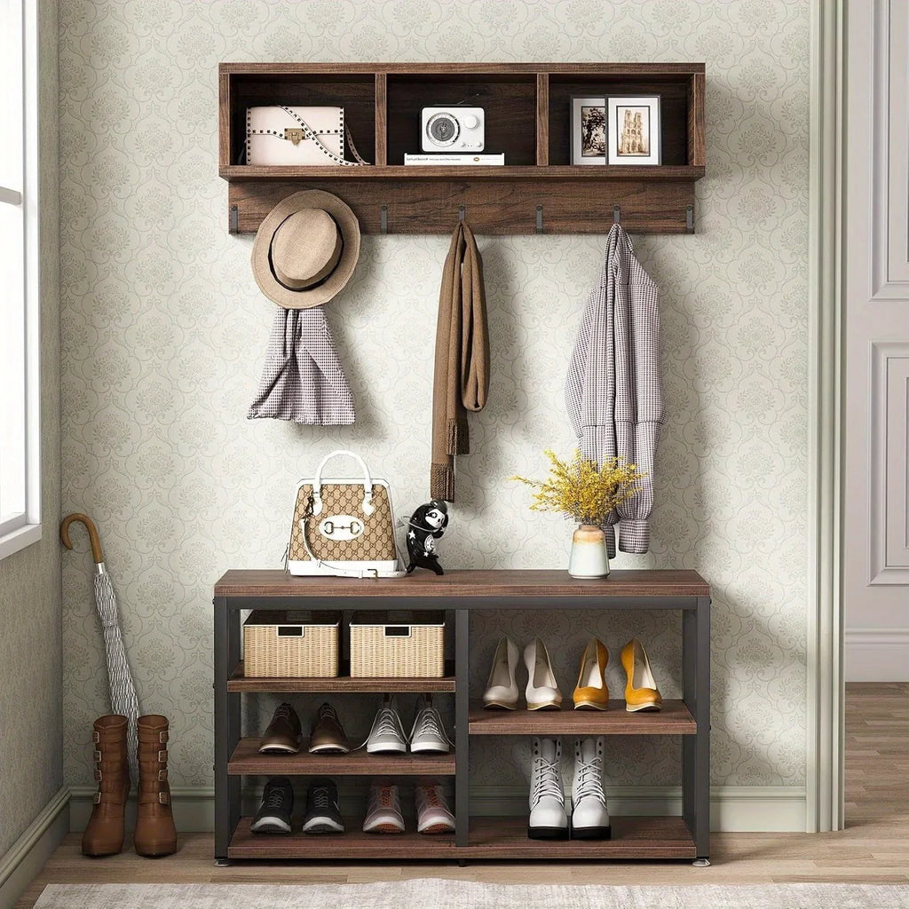5-in-1 Entryway Organizer with Bench & Shoe Storage - Rustic Industrial Coat Rack with 7 Hooks, 3 Cubbies, 3-Tier Shelves & Seat - Hardwood & Metal Construction, Easy Assembly for Hallway, Foyer, Living Room House Of Avana