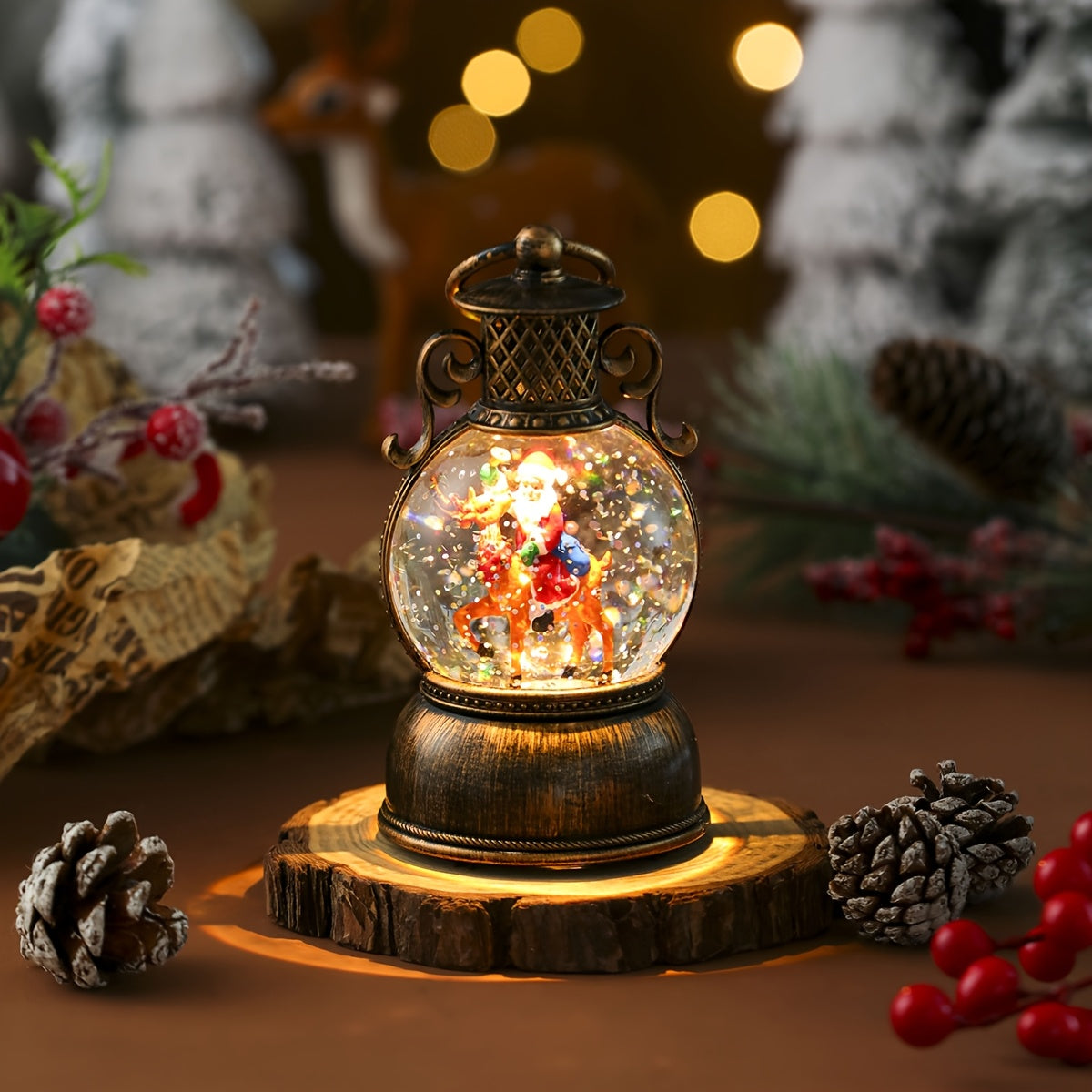 1pc Vintage-Style USB-Powered Glowing Snowfall & Music Box with Rotating Dome Lid - Self-Lit Resin/PC Ornament, Water-Filled Centerpiece with Twinkling Lights, Battery-Free Operation (USB Plug-in) - Christmas Tree & Home Deco House Of Avana