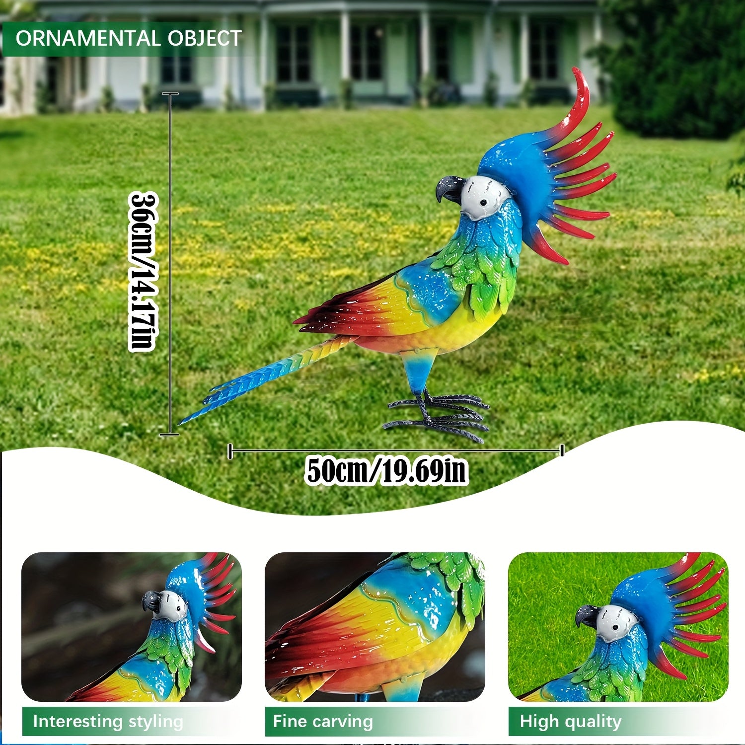 Large Outdoor Metal Garden Parrot Statue - Waterproof & Sunproof All-Weather Resistant Bird Decor with Vibrant Blue, Green, Yellow, Red, Orange, Black, White, Grey, Brown, Pink, Purple Feathers - Easy Mounting Hardware Includ House Of Avana