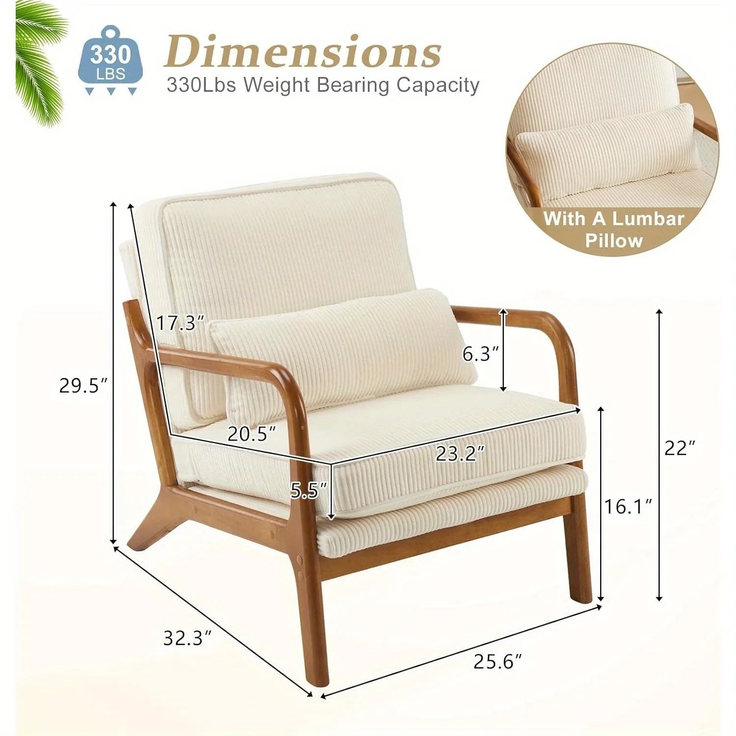Mid-Century Modern Blue & White Striped Accent Armchair with Lumbar Pillow - 16cm Thick Seat Cushion, Wooden Armrests, Cozy Lounge Chair for Bedroom, Living Room, Reading Nook, Armchair for Living Room, Bedroom Seating, Minim House Of Avana