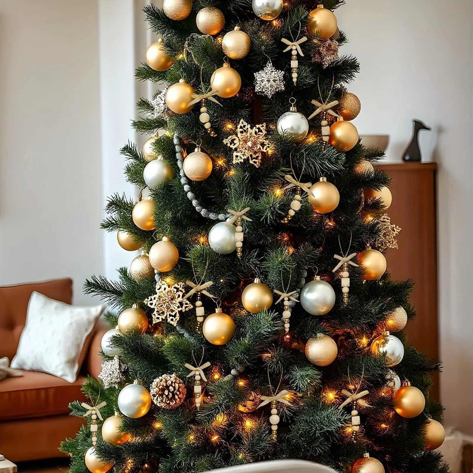 24pcs Bohemian Style Wooden Bead Christmas Tree Ornaments, Natural Wood Beads with Golden Beads and Bows - Farmhouse Style Hanging Decor for Wreaths, Holiday Trees, Floral Arrangements, Wedding Decor Accessories, Vintage Char House Of Avana