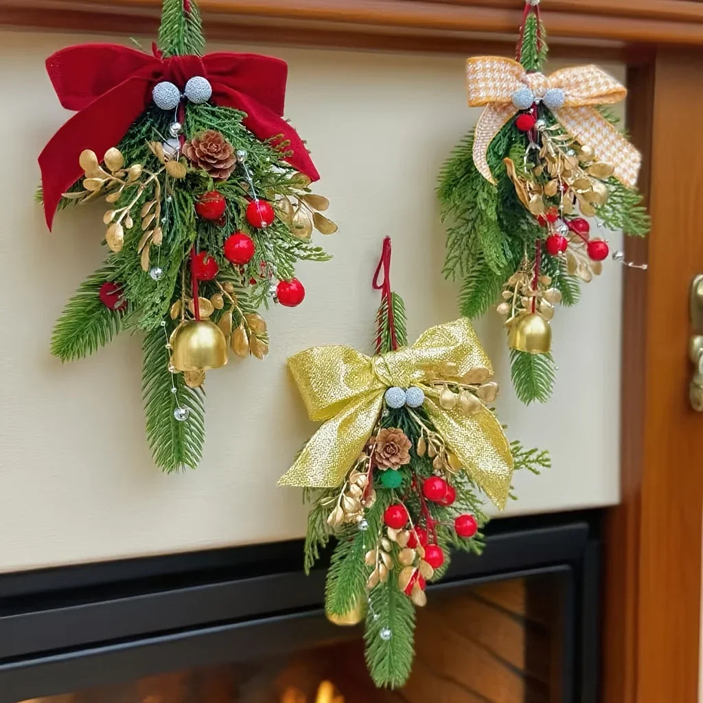 Christmas Bell Ornament, Velvet Bow with Pinecone Accent, Hanging Decoration for Trees and Scenes, Three Colors House Of Avana