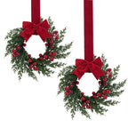 25.4 cm Artificial Faux Norfolk Pine Christmas Wreath with Red Berries, Burgundy Bow & Snow-Like Foliage - Pre-Decorated All-Weather /Outdoor Xmas Door Hanging Decoration, Easy to Install (No Maintenance) - Plastic Green Wrea House Of Avana