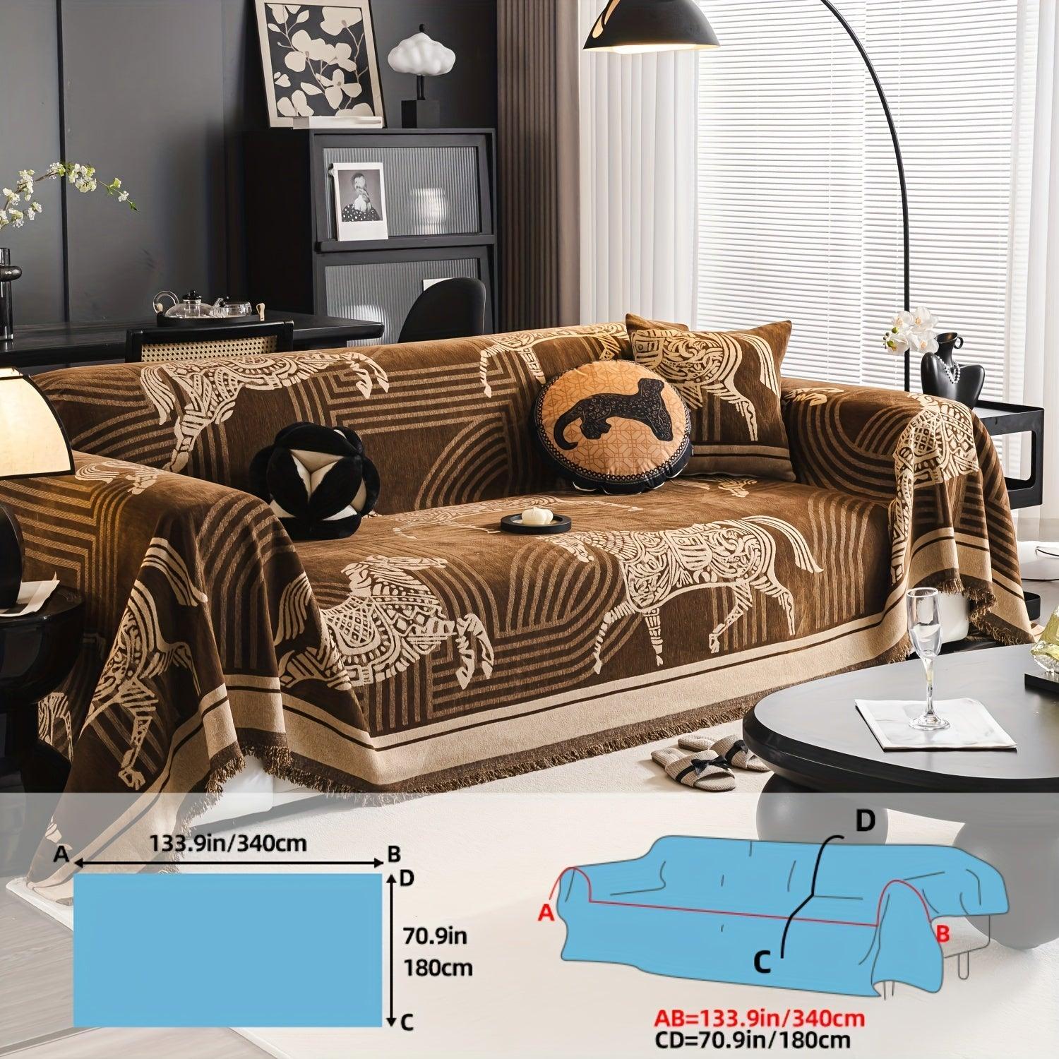 Luxurious Chenille Horse Design Sofa Cover Decor in Orange & Green topspet