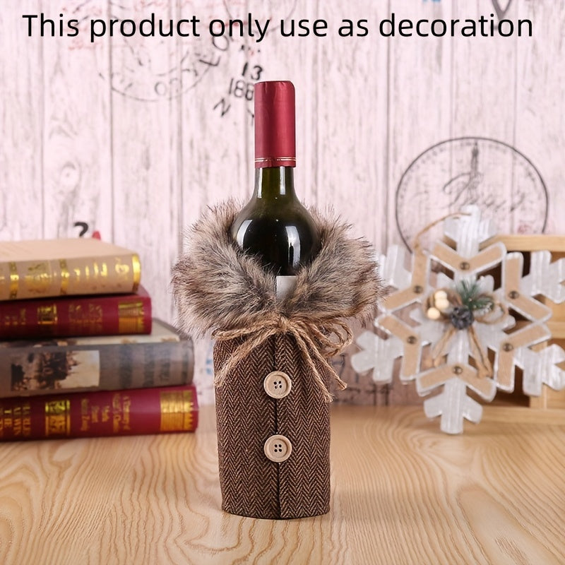 1pc Festive Christmas Wine Bottle Cover with Plush Fur Collar - Polyester, Perfect for Holiday Parties & Home Decor House Of Avana