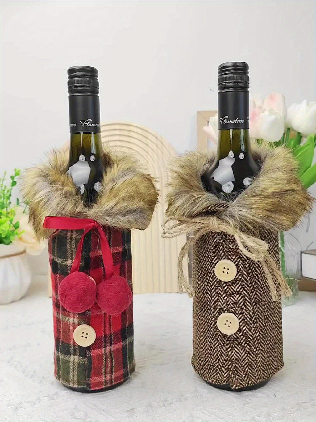 1pc Festive Christmas Wine Bottle Cover with Plush Fur Collar - Polyester, Perfect for Holiday Parties & Home Decor House Of Avana