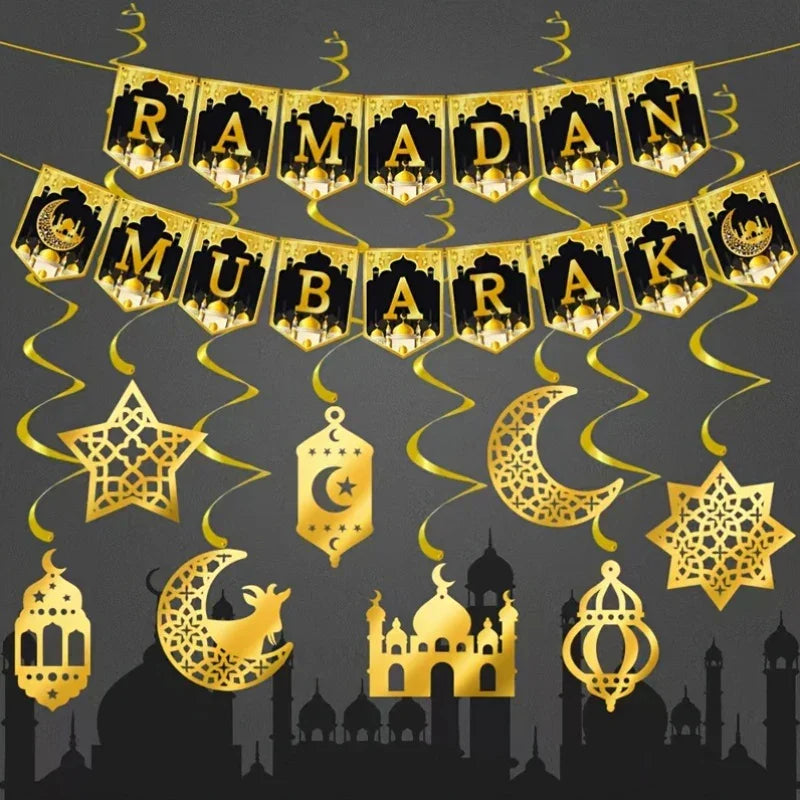 8pcs Eid Celebration Party Decoration Suit, The Moon And The Stars Spiral Flag, DIY Home Ramadan Atmosphere Improvement, Black Paper House Of Avana