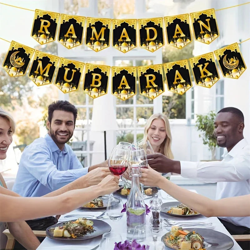 8pcs Eid Celebration Party Decoration Suit, The Moon And The Stars Spiral Flag, DIY Home Ramadan Atmosphere Improvement, Black Paper House Of Avana