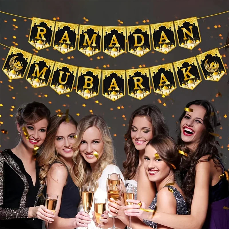 8pcs Eid Celebration Party Decoration Suit, The Moon And The Stars Spiral Flag, DIY Home Ramadan Atmosphere Improvement, Black Paper House Of Avana