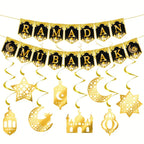 8pcs Eid Celebration Party Decoration Suit, The Moon And The Stars Spiral Flag, DIY Home Ramadan Atmosphere Improvement, Black Paper House Of Avana