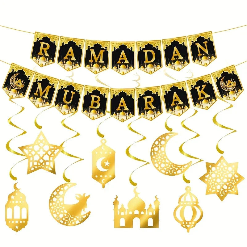 8pcs Eid Celebration Party Decoration Suit, The Moon And The Stars Spiral Flag, DIY Home Ramadan Atmosphere Improvement, Black Paper House Of Avana