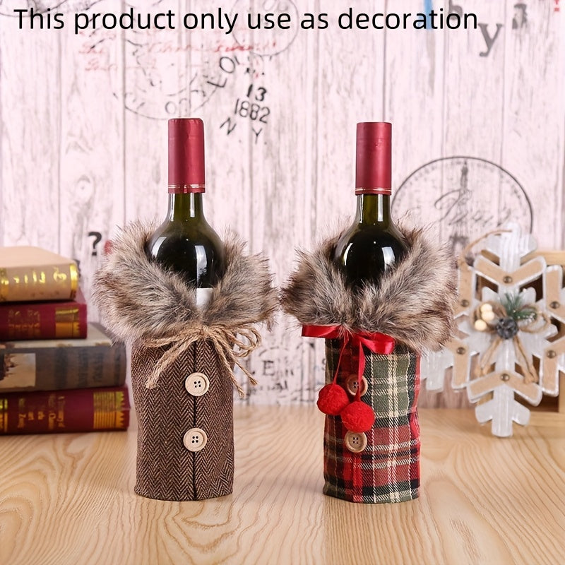 1pc Festive Christmas Wine Bottle Cover with Plush Fur Collar - Polyester, Perfect for Holiday Parties & Home Decor House Of Avana