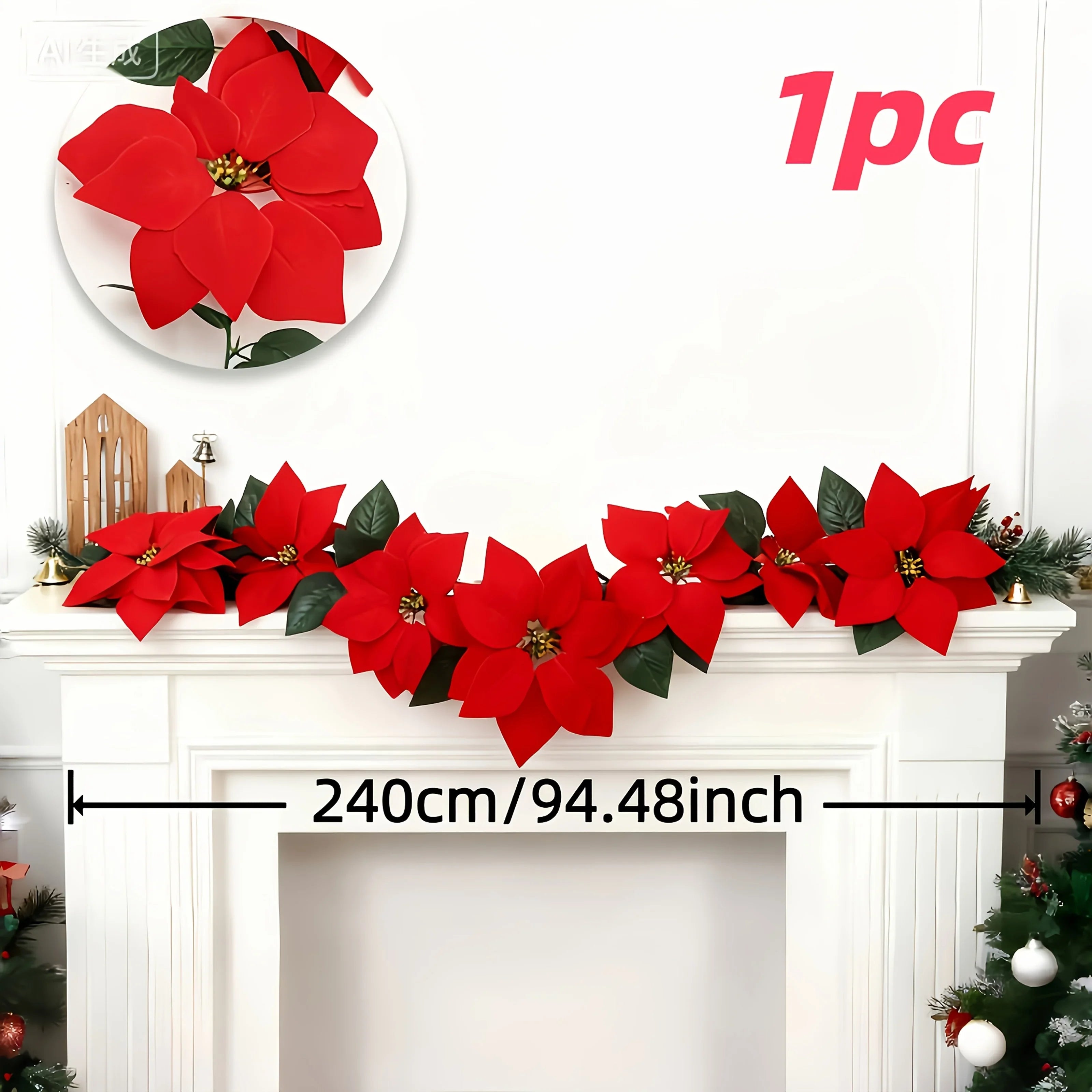 239.78 cm 1pc Lifelike Artificial Poinsettia Vine - Realistic Red Fake Garland, Suitable for Christmas, Valentine's Day, Thanksgiving, and Halloween Decor | Suitable for Indoor/Outdoor Use on Stairs, Walls, Dining Tables | Ma House Of Avana