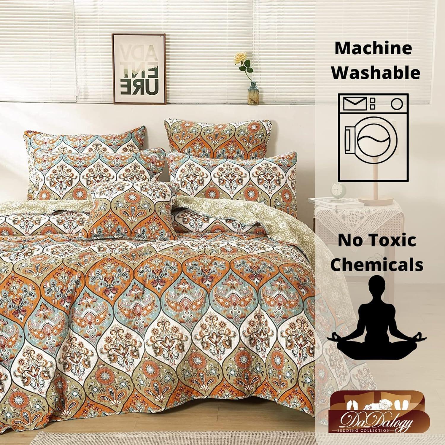 DaDa Bedding Bohemian Floral Paisley Garden Coral Teal Quilted Bedspread Set (LH1403) DaDalogy Bedding Collection