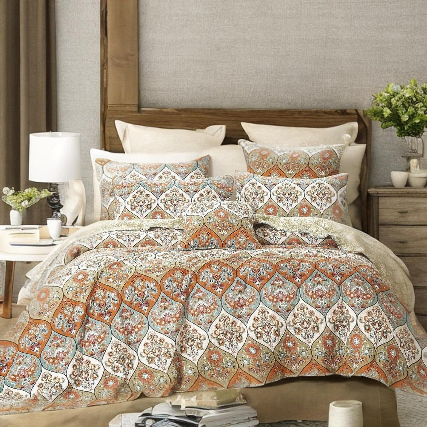 DaDa Bedding Bohemian Floral Paisley Garden Coral Teal Quilted Bedspread Set (LH1403) DaDalogy Bedding Collection
