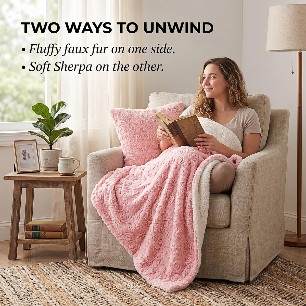 DaDa Bedding Luxury Blossom Pink Rose Buds Pink Sherpa Backside Faux Fur Throw Blanket (BL-171752)