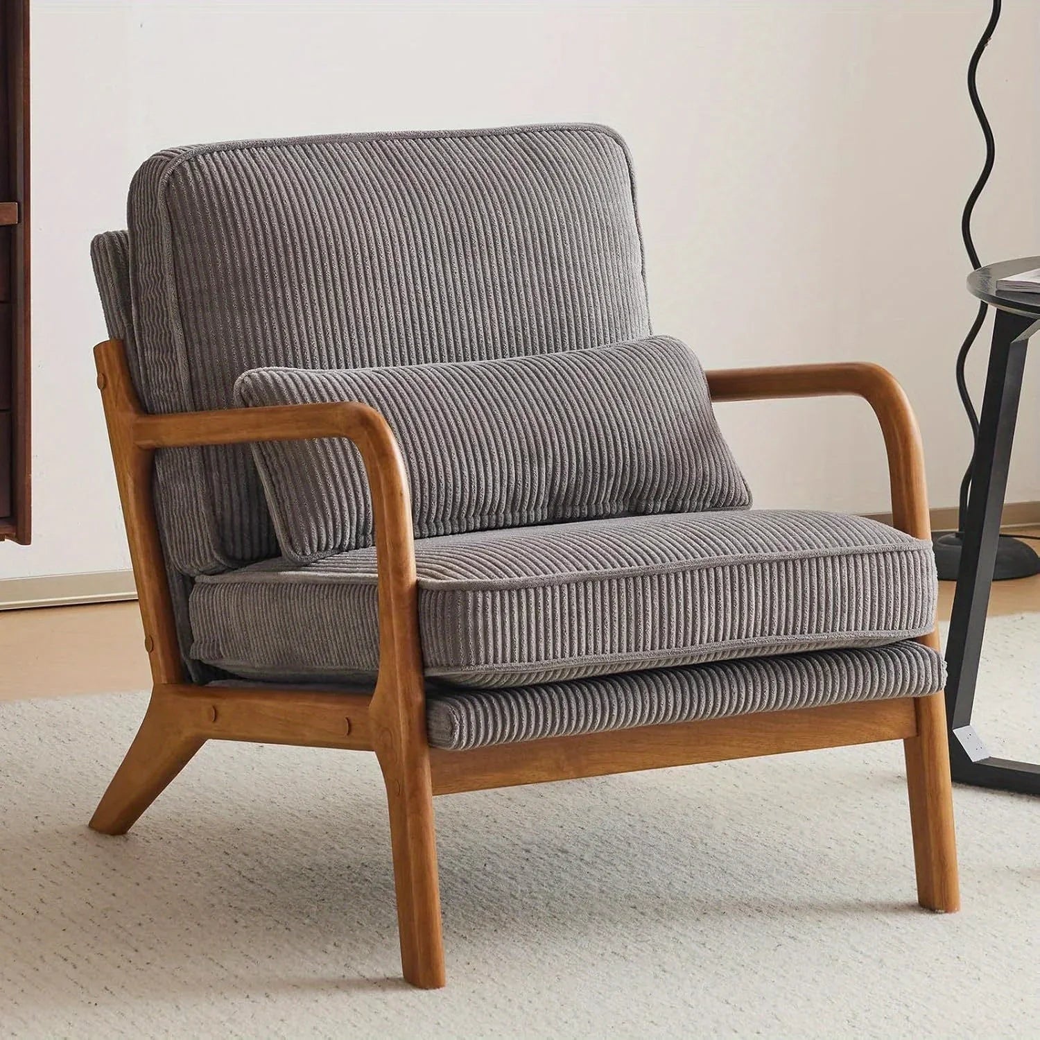 Mid-Century Modern Blue & White Striped Accent Armchair with Lumbar Pillow - 16cm Thick Seat Cushion, Wooden Armrests, Cozy Lounge Chair for Bedroom, Living Room, Reading Nook, Armchair for Living Room, Bedroom Seating, Minim House Of Avana