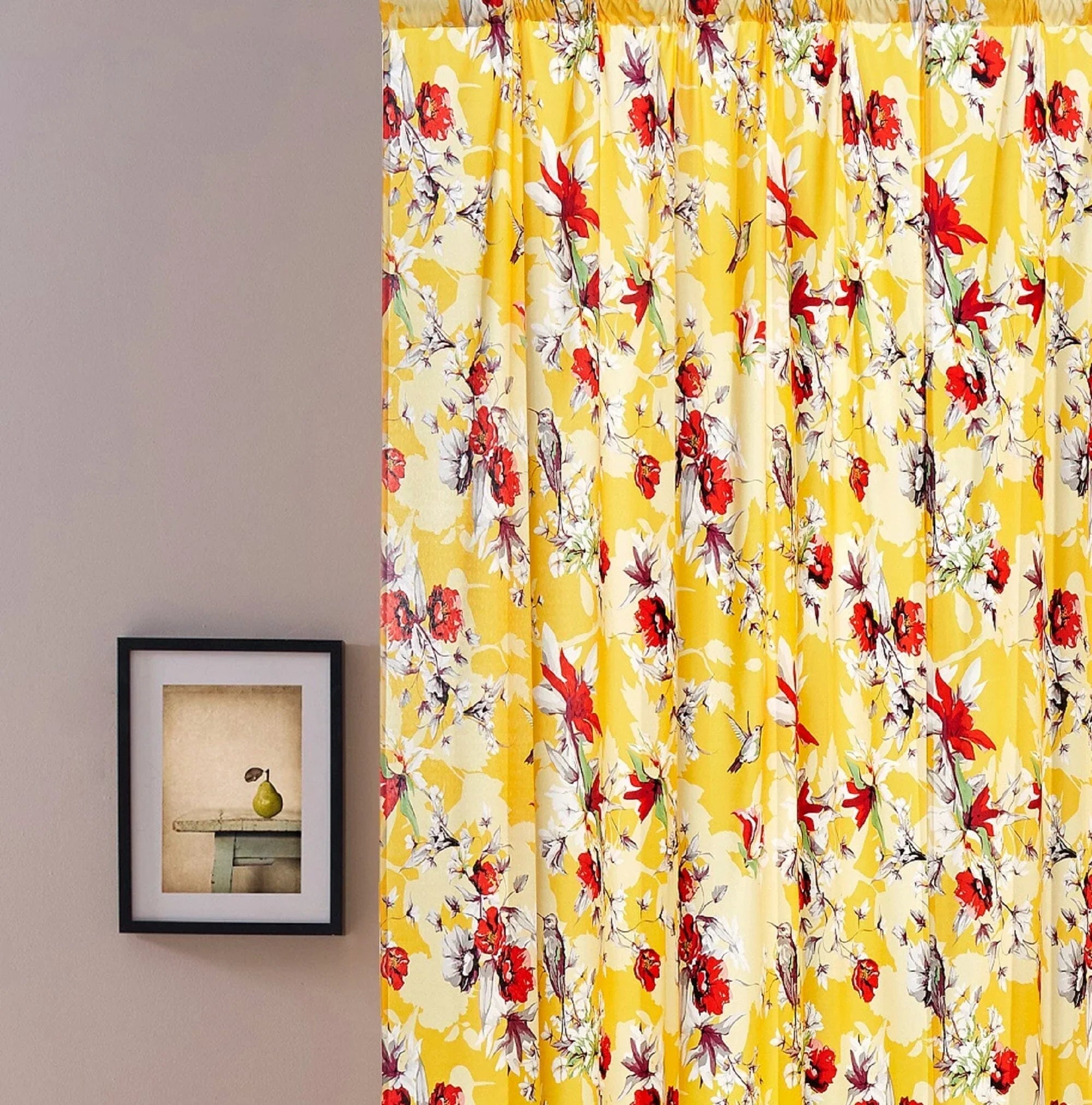 DaDa Bedding Set of 2 Radiant Sunshine Yellow Floral Window Curtain Panels - Natural Semi Sheer Hummingbirds Farmhouse Red Flowers Straight Tailored Edge DaDalogy Bedding Collection