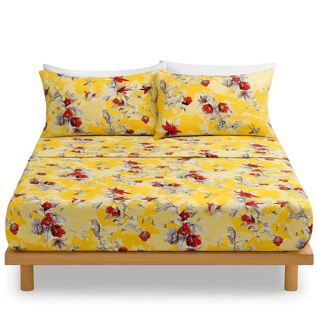 DaDa Bedding Sunshine Yellow Hummingbirds Floral Fitted & Flat Bed Sheets Set (JHW-925)