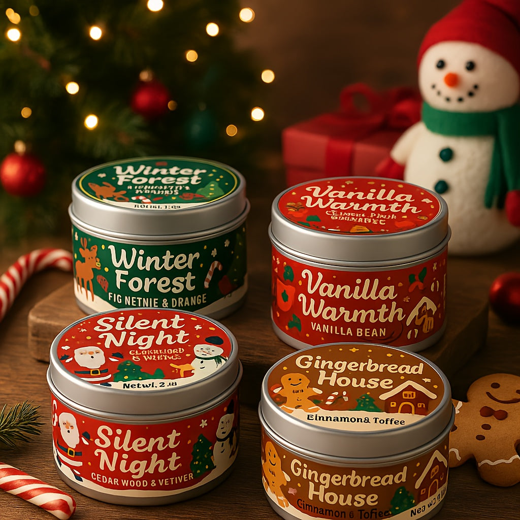 Holiday Scented Candle Gift Set – 4 Christmas Scents in Tin Jars (Vanilla, Gingerbread, Fir, Cedar) – Festive Candles for Home Décor, Winter Parties & Stocking Stuffers, Holiday Decor, Festive Ambiance, Cozy Winter Scent House Of Avana