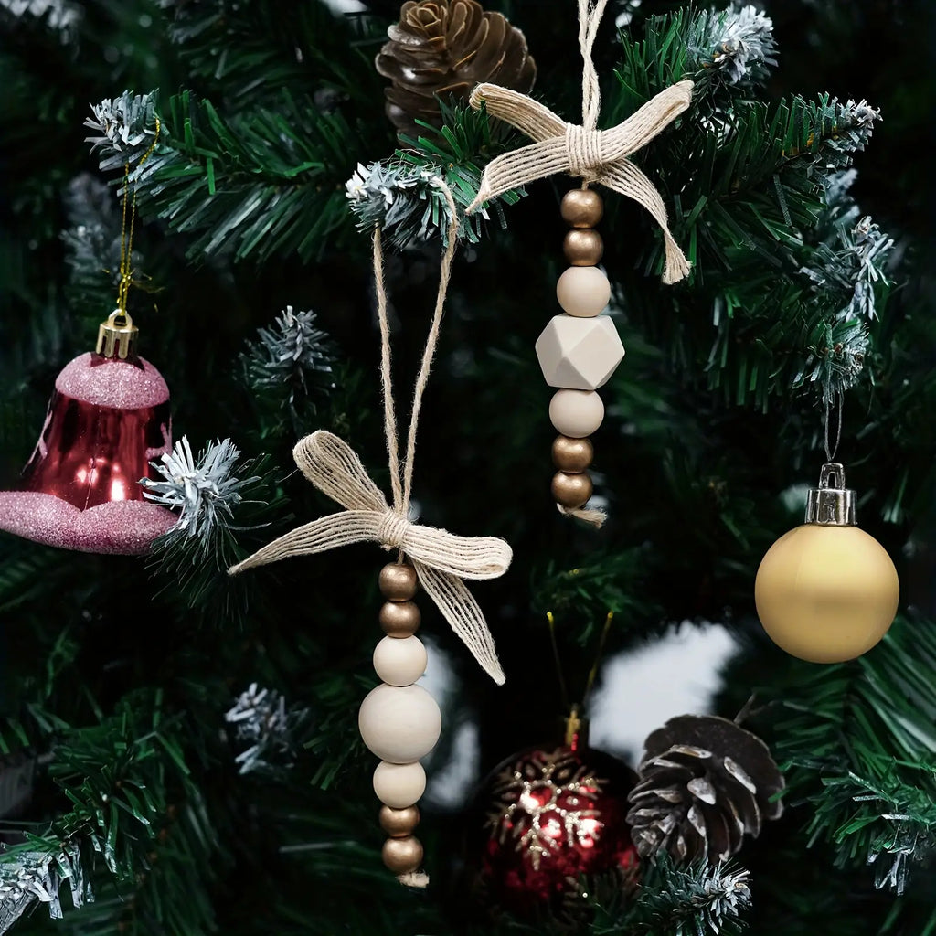 24pcs Bohemian Style Wooden Bead Christmas Tree Ornaments, Natural Wood Beads with Golden Beads and Bows - Farmhouse Style Hanging Decor for Wreaths, Holiday Trees, Floral Arrangements, Wedding Decor Accessories, Vintage Char House Of Avana