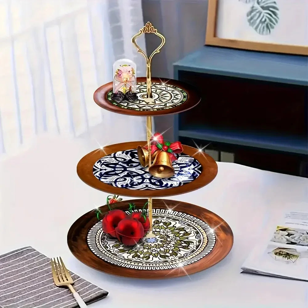Wood Display Stand - 3-Tier Floral Pattern