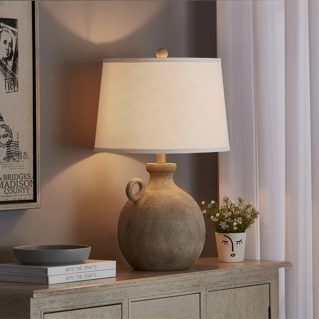 24" Farmhouse Table Lamp For Bedroom With USB Charging Port, 3-Way Dimmable Rustic Single Lamp, Resin Bedside Lamp With White Shade For Study, Living Room House Of Avana