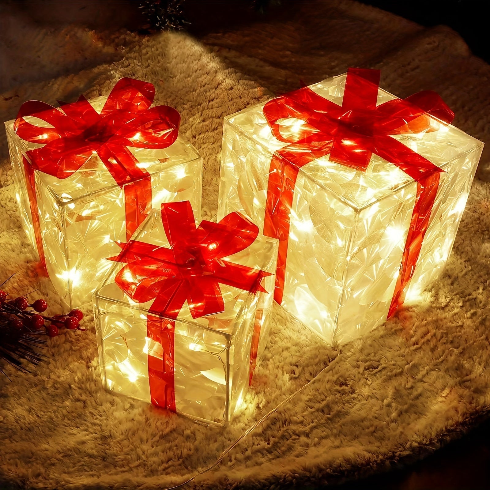 Three Sets Of Christmas Luminous And Exquisite Decorative Lights, Detachable Gift Box And Lighting Fixture (battery/USB Dual-purpose) Christmas Decorations, Red Bow Gift Boxes for Indoor, Living Room, Courtyard And Valentine' House Of Avana
