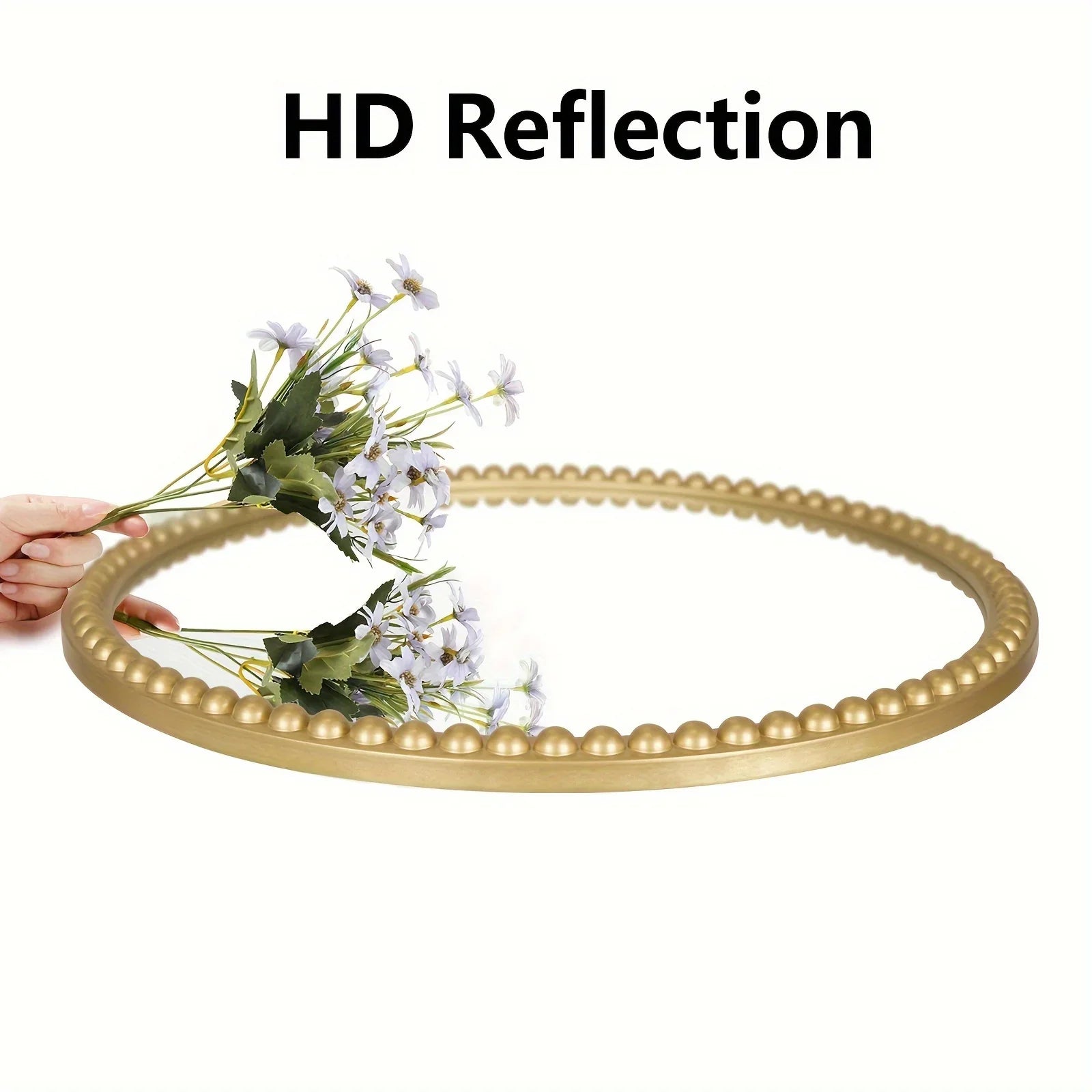 Beaded Round Mirror, 30 inch Large Round Mirror with Gold Beaded Wall Decorative Mirrors for Bathroom Entryway Living Room Bedroom - House Of Avana