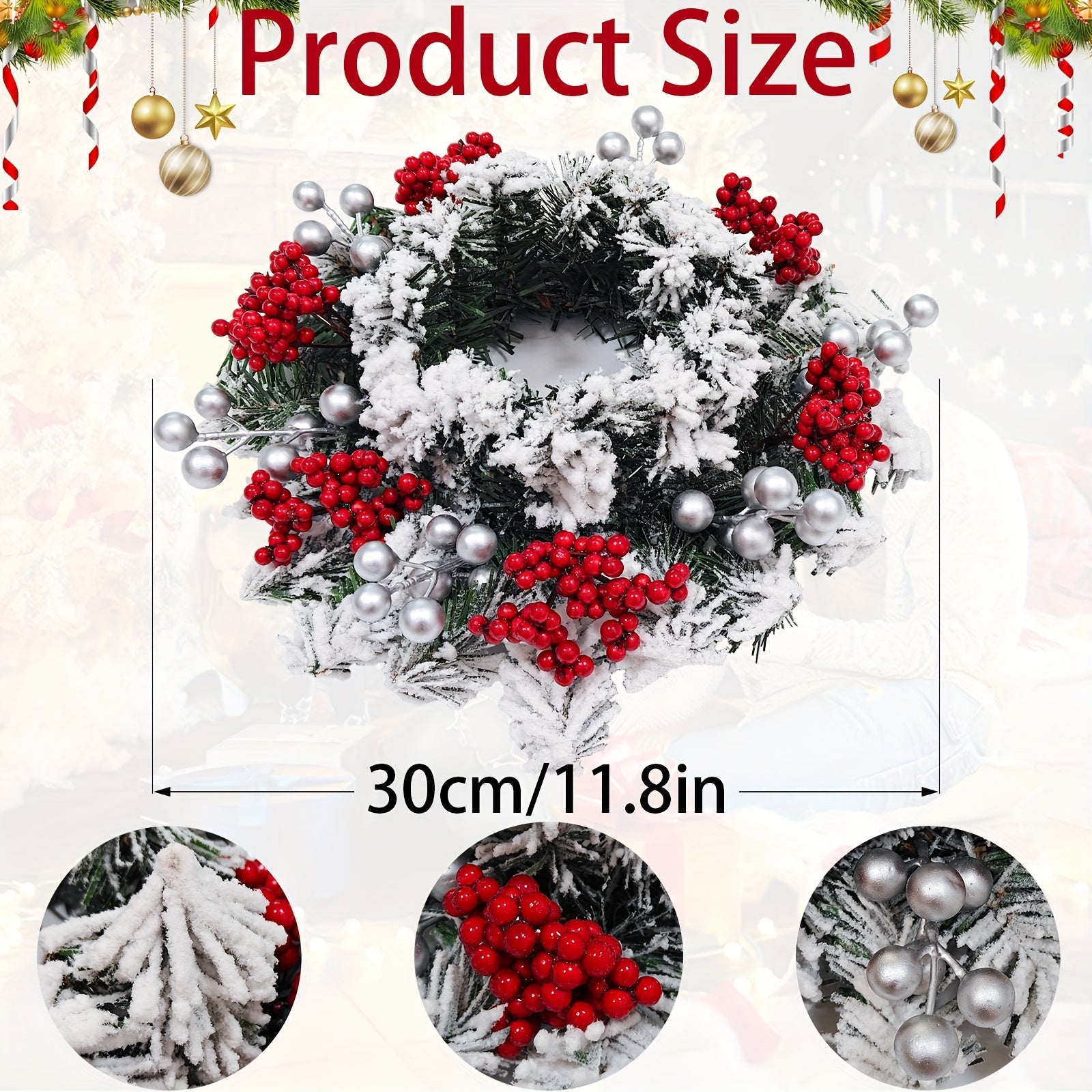 11.8-Inch Snow-Covered Red Berry Christmas Wreath - Realistic Snow Effect with Frosted Finish, All-Weather Resistant Artificial Flowers, Christma Candle Wreath, Christma Wreath, Christmas Home Decoration, Christmas Ornament, House Of Avana