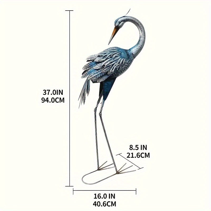 1pc Rustic Metal Garden Crane Statue Outdoor Decor, Standing Heron Sculpture Lawn Ornaments, Blue Bird Lake Yard Backyard Patio House of Avana
