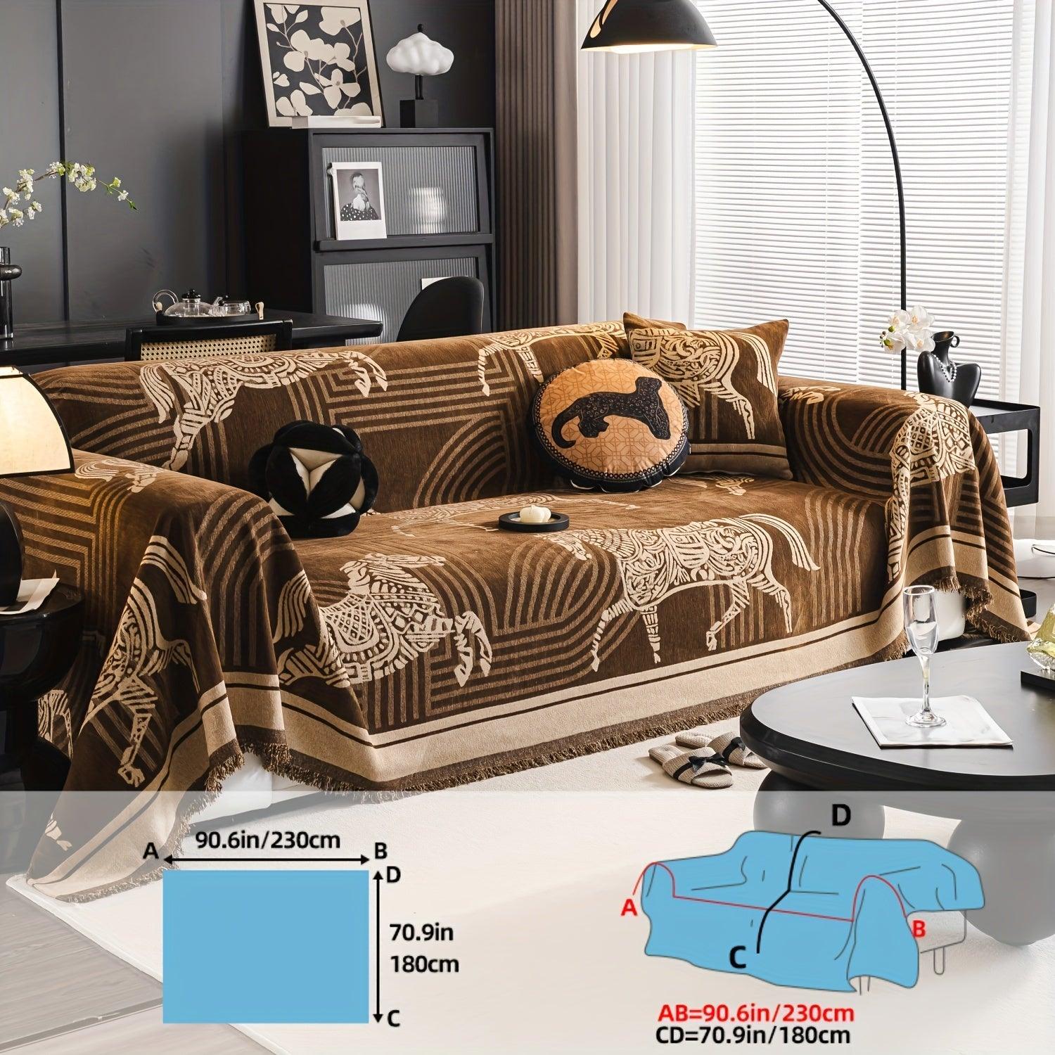 Luxurious Chenille Horse Design Sofa Cover Decor in Orange & Green topspet