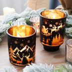 14oz Black Pillar Candle Holder - Vintage Glass Christmas Decor with Reindeer, Tree & Snowflake Designs - Perfect for Holiday Home & Living Room Ambiance House Of Avana