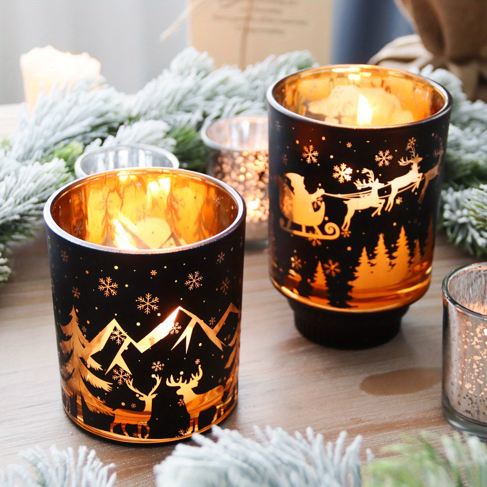 14oz Black Pillar Candle Holder - Vintage Glass Christmas Decor with Reindeer, Tree & Snowflake Designs - Perfect for Holiday Home & Living Room Ambiance House Of Avana