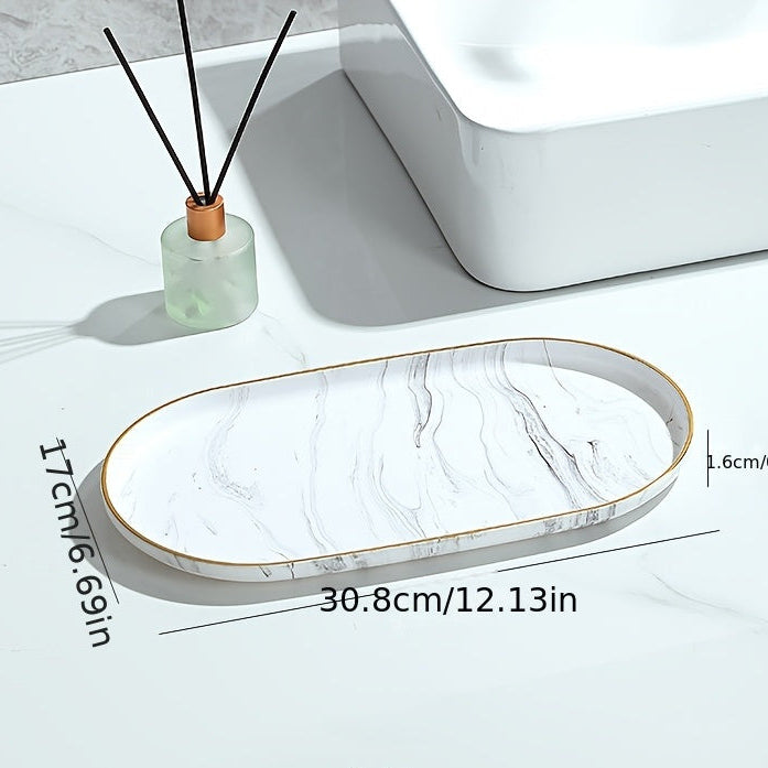 Marble-patterned tray with dimensions on a neutral background