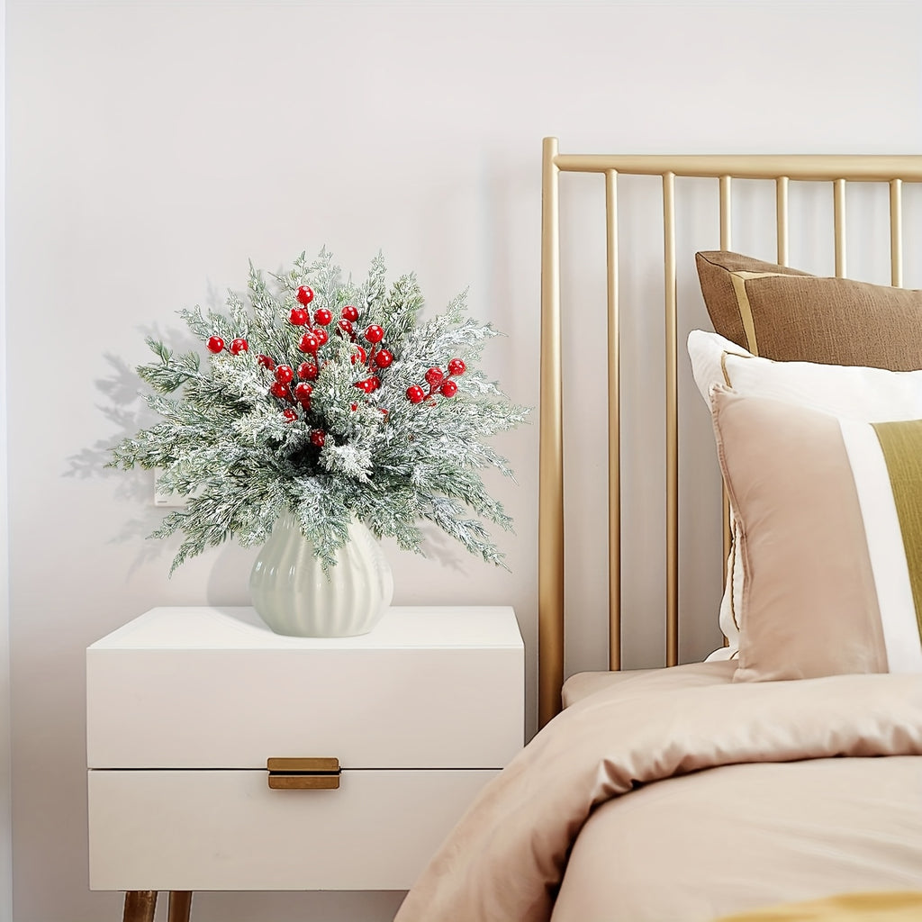 SHARKBEE 18pcs Artificial Pine Branches with Red Berry Picks 27.94cm Winter Christmas Greenery Fake Juniper Leaves Norfolk Pine Stems Needles for Craft Wreath Garland Vase House Of Avana