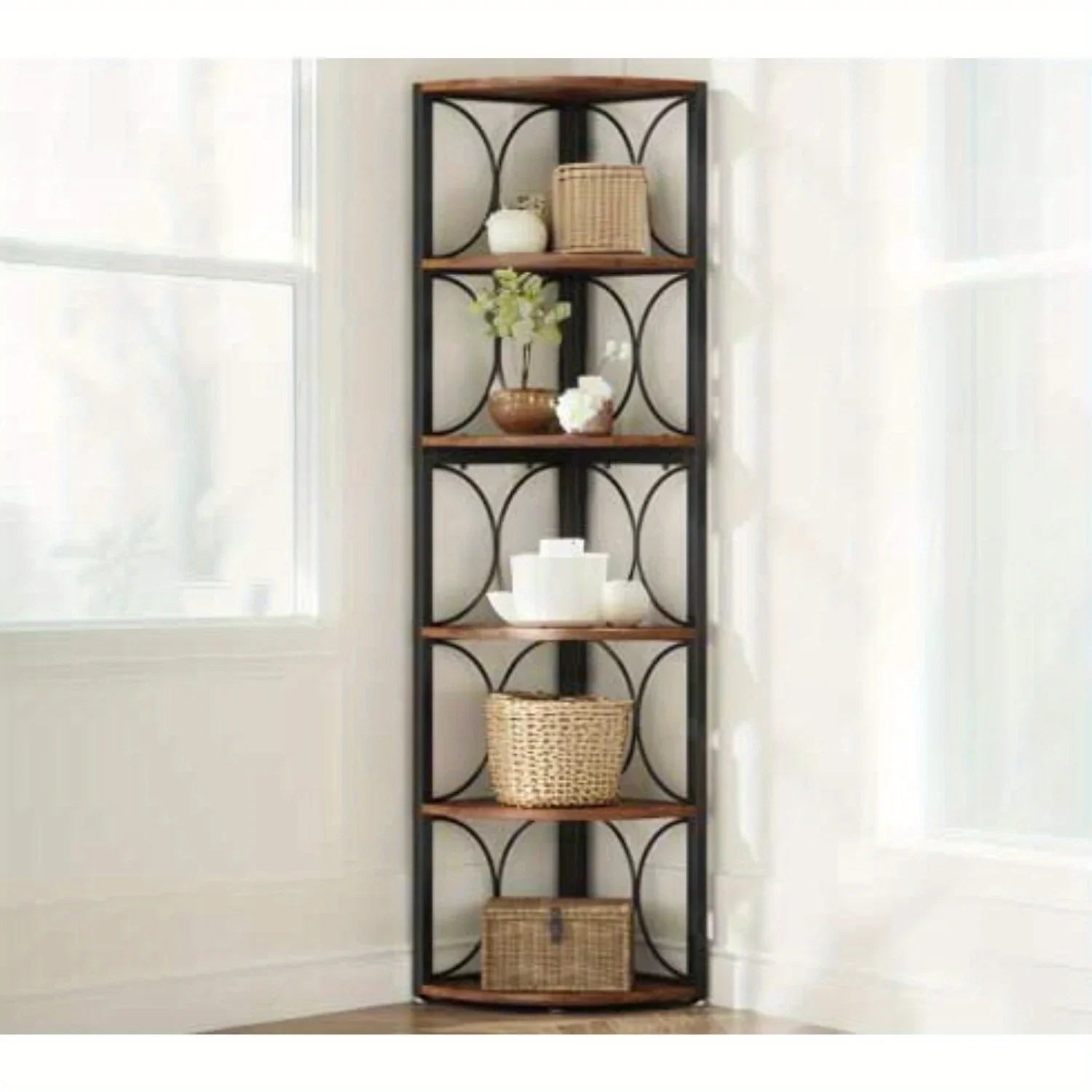 [Rustic Corner Bookshelf] Rustic 67-Inch Tall 6-Tier Corner Bookshelf | Hardwood & Metal Storage Shelves for Living Room, Kitchen, Home Office - Space-Saving Organizer, Easy Assembly, Plant Stand & Decorative Shelf, Bookshelf House Of Avana